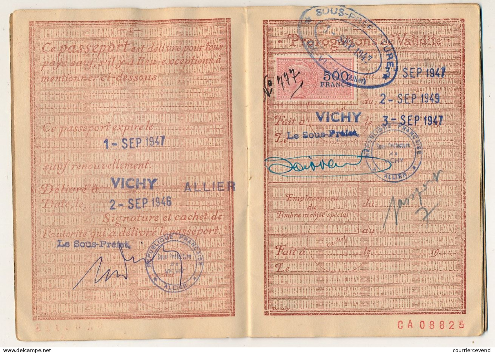 FRANCE - Passeport à l'étranger 60F Vichy (Allier) 1946 + 500f (sans légende) pour renouvellement + visa suisse
