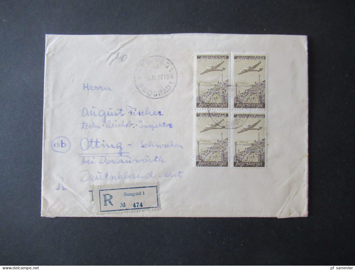 Jugoslawien 1947 / 51 Flugpostmarken Mi.Nr.519 (4er Block) MeF Einschreiben Beograd - Otting Mit Ank. Stempel - Cartas & Documentos