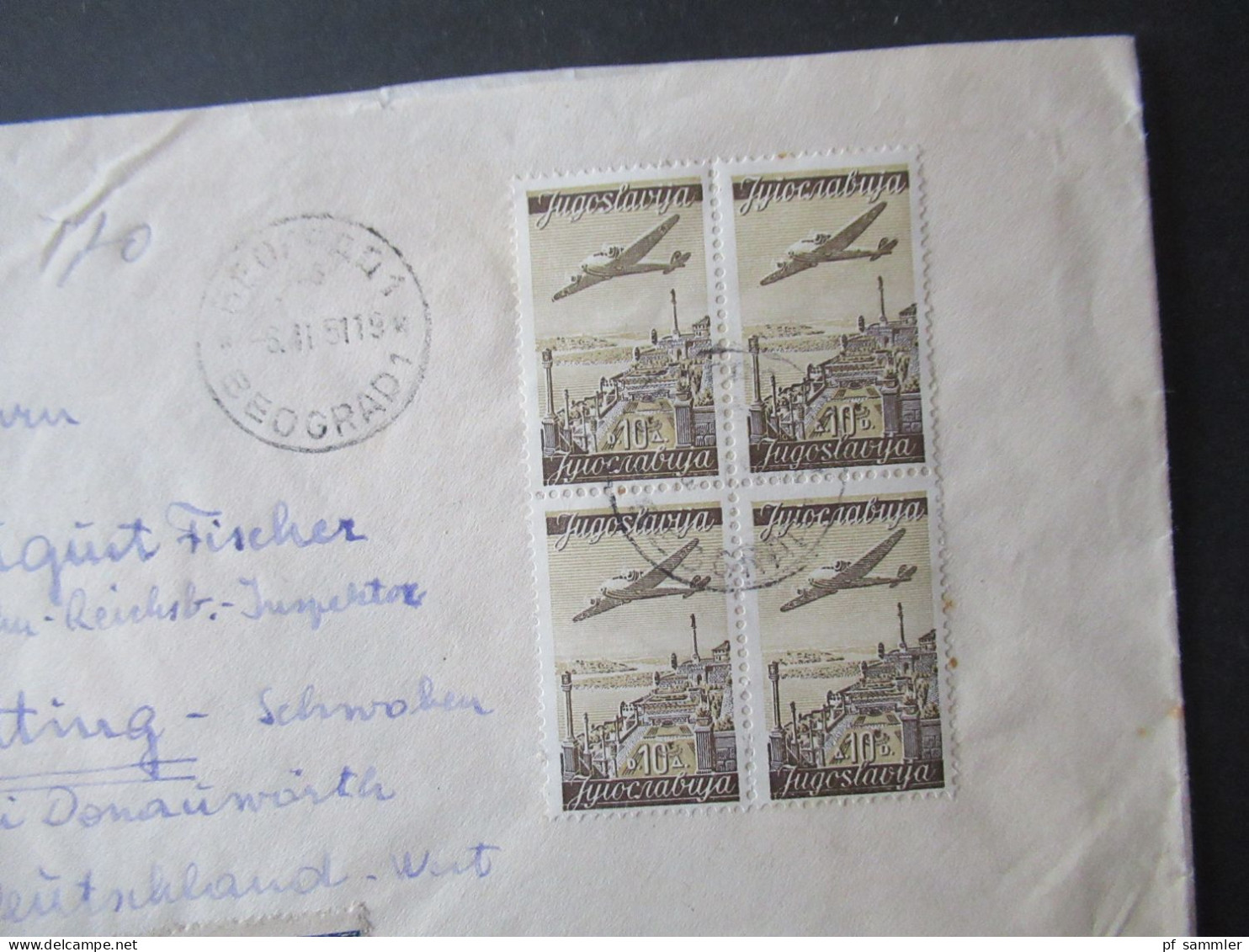 Jugoslawien 1947 / 51 Flugpostmarken Mi.Nr.519 (4er Block) MeF Einschreiben Beograd - Otting Mit Ank. Stempel - Storia Postale