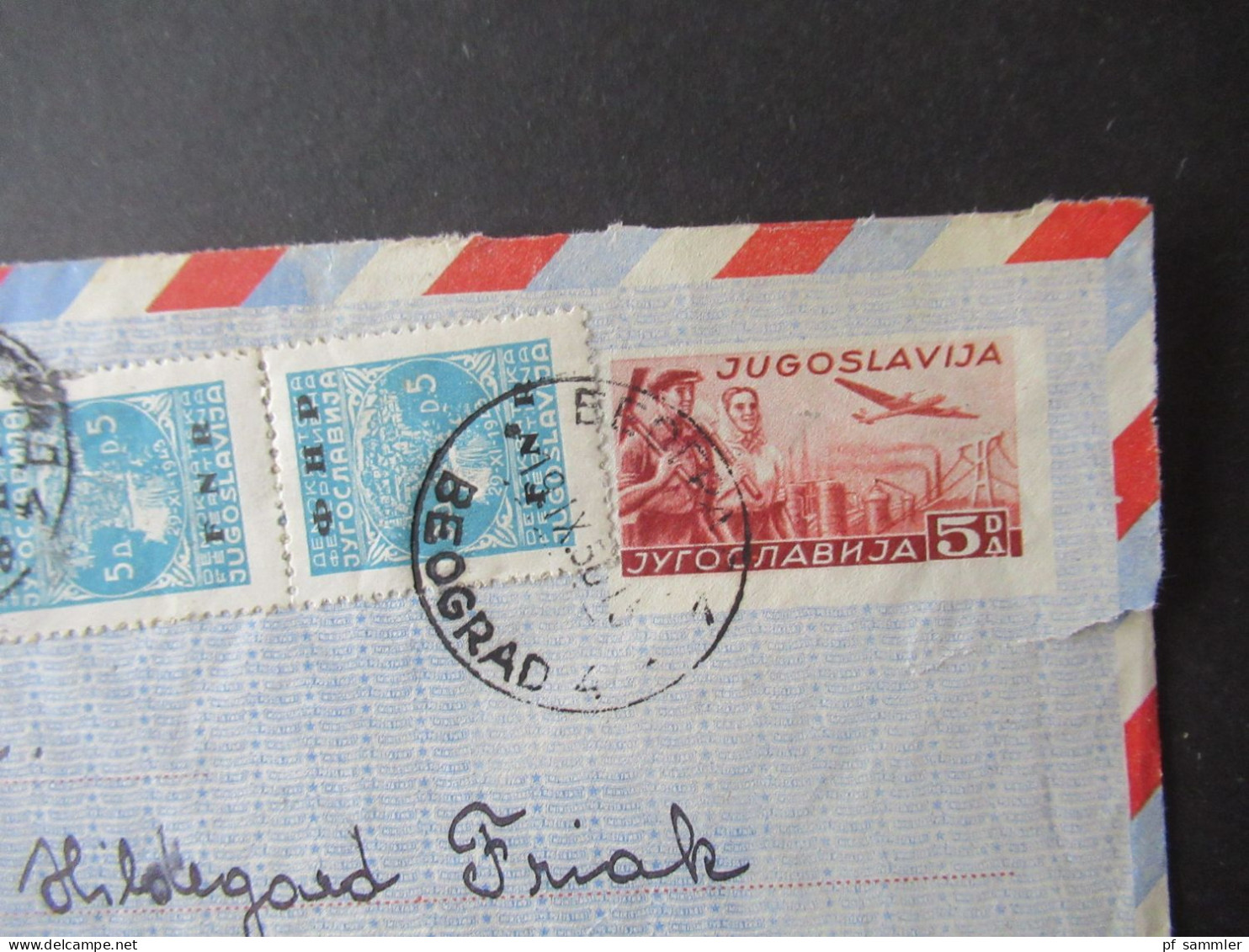 Jugoslawien 1950 Luftpost GA / Umschlag Mit 3x Zustzfrankaturen Marken Mit Aufdruck FNR / Einschreiben Nach Stuttgart - Cartas & Documentos