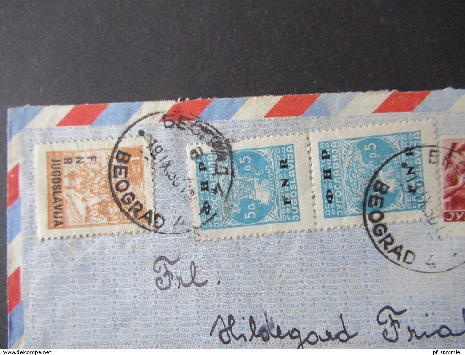 Jugoslawien 1950 Luftpost GA / Umschlag Mit 3x Zustzfrankaturen Marken Mit Aufdruck FNR / Einschreiben Nach Stuttgart - Storia Postale