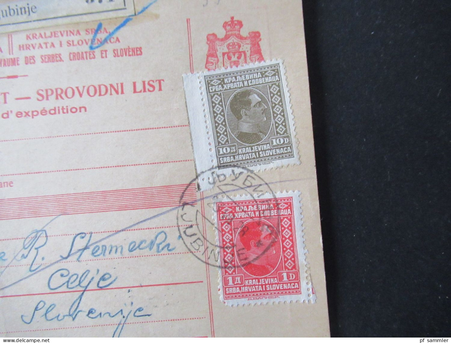 Jugoslawien SHS 1928 Paketkarte Stempel Und Aufkleber Ljubinje Nach Celje Mit Einigen Stempeln - Storia Postale