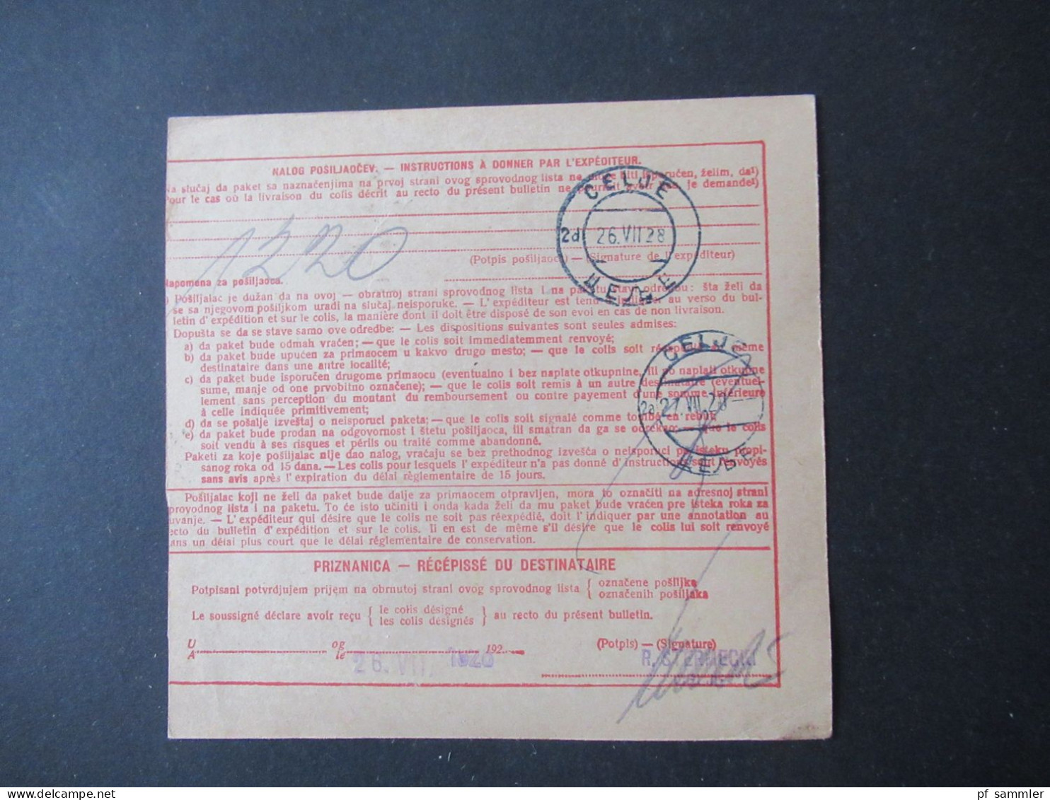 Jugoslawien SHS 1928 Paketkarte Stempel Und Aufkleber Ljubinje Nach Celje Mit Einigen Stempeln - Lettres & Documents