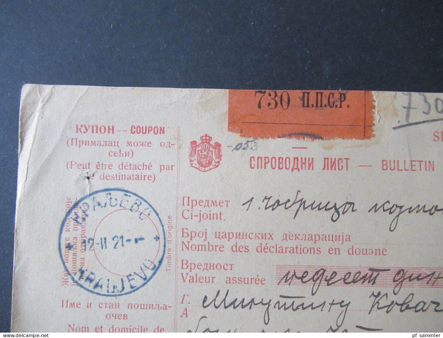 Jugoslawien SHS 1921 Paketkarte Serbie Mit Marken überklebt Stempel Kraljevo Und Kragujevac - Cartas & Documentos