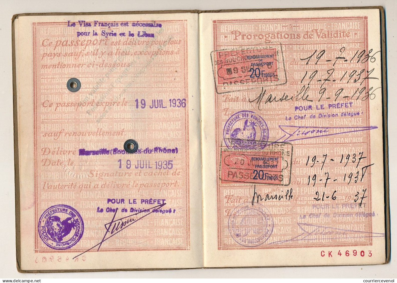 FRANCE - Passeport à l'étranger 20F - Marseille 1935 + 2 x 20F renouvellement 1936 et 1937