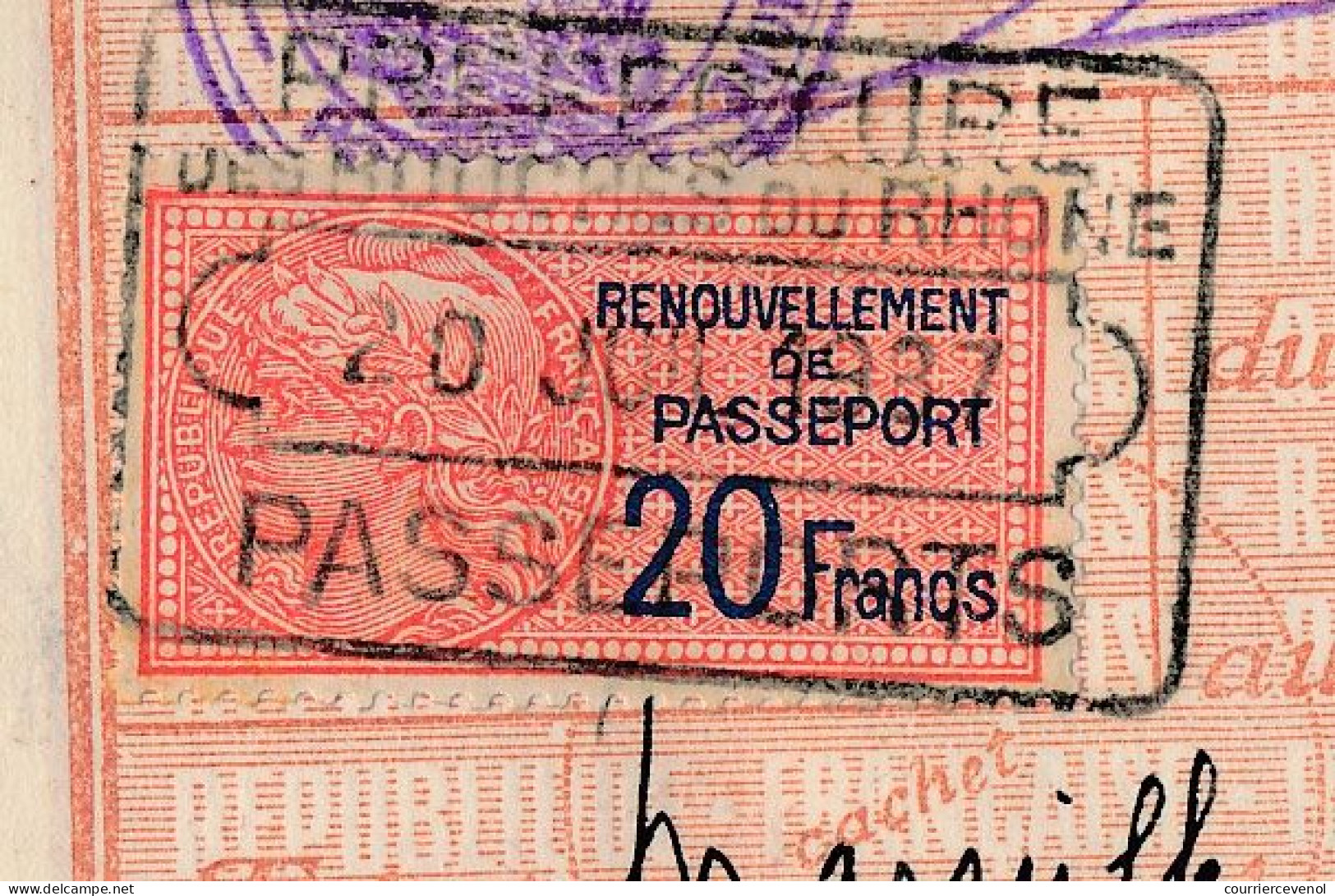 FRANCE - Passeport à l'étranger 20F - Marseille 1935 + 2 x 20F renouvellement 1936 et 1937