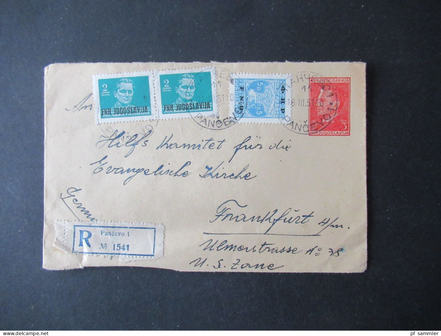 Jugoslawien 1951 GA Umschlag Mit 3x Zustzfrankaturen Marken Mit Aufdruck FNR / Einschreiben Pancevo - Storia Postale