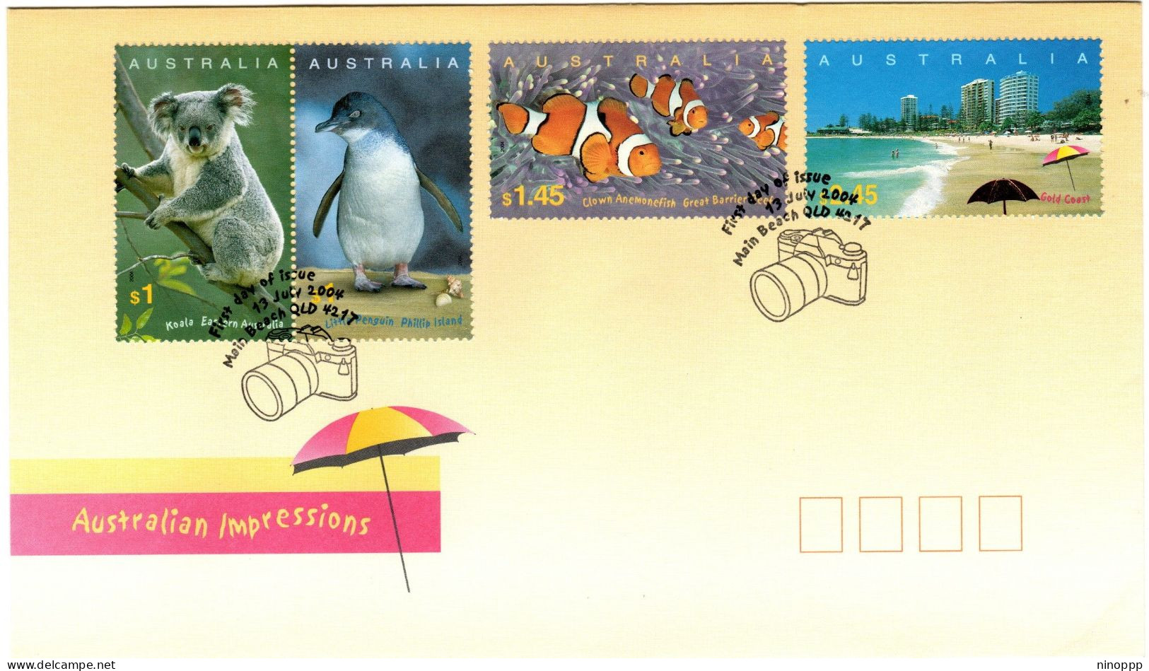 Australia 2004  Australian Impressions,Main Beach Postmark, FDI - Marcophilie