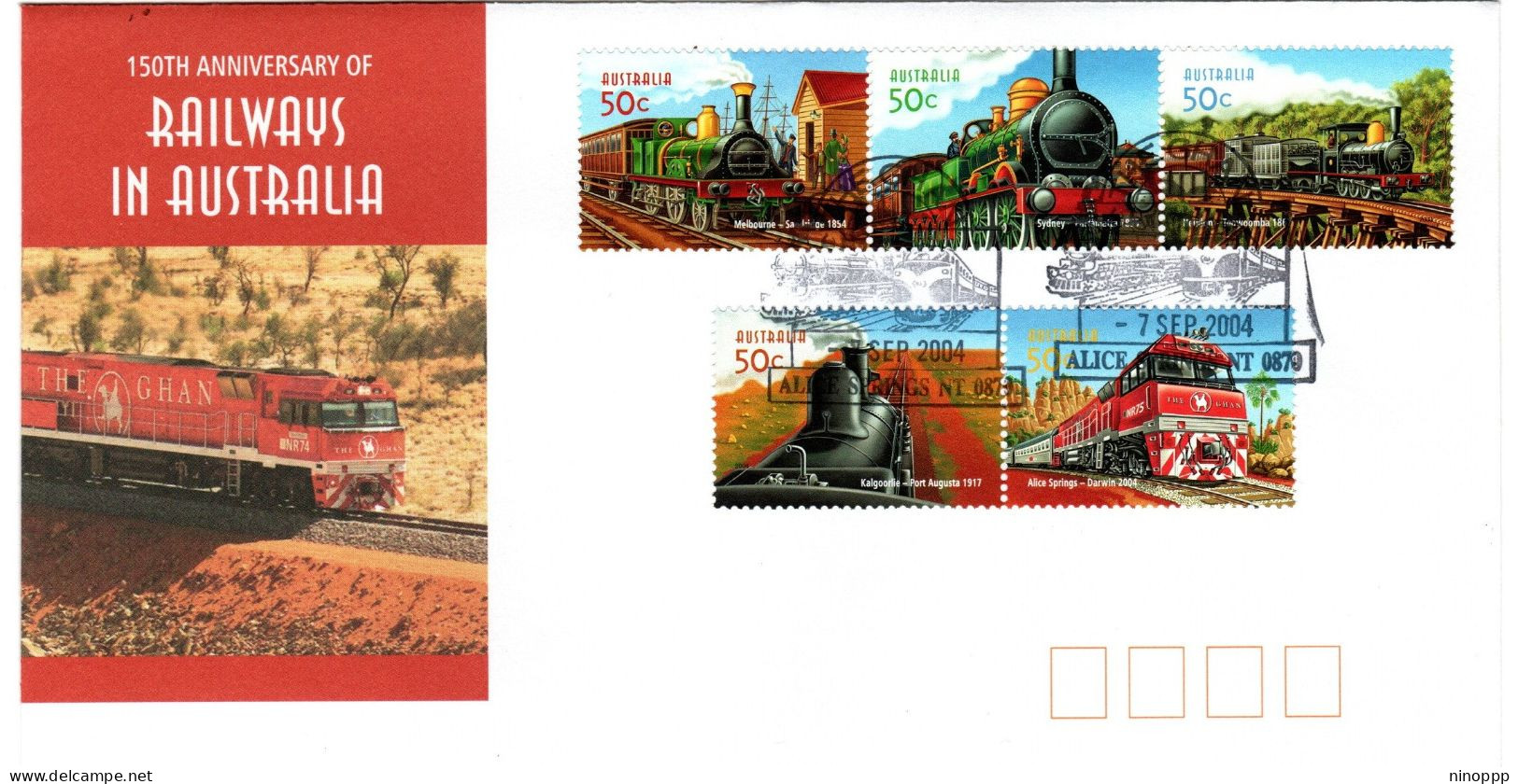 Australia 2004 150th Anniversary Of Railways In Australia,Alice Spring Postmark, FDI - Marcofilia