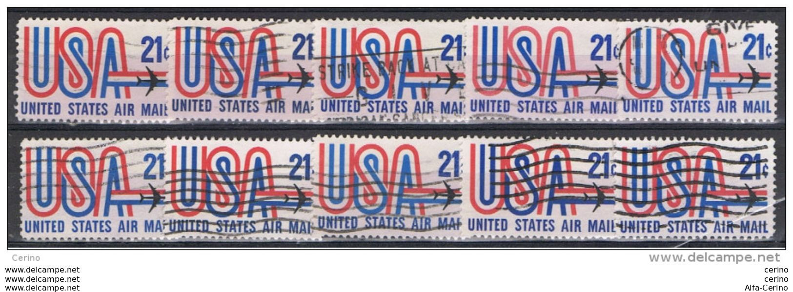 U.S.A.:  1968/71  AIR  MAIL  -  21 C. USED  STAMPS  -  REP.  10  EXEMPLARY  -  YV/TELL. 72 - 3a. 1961-… Usados