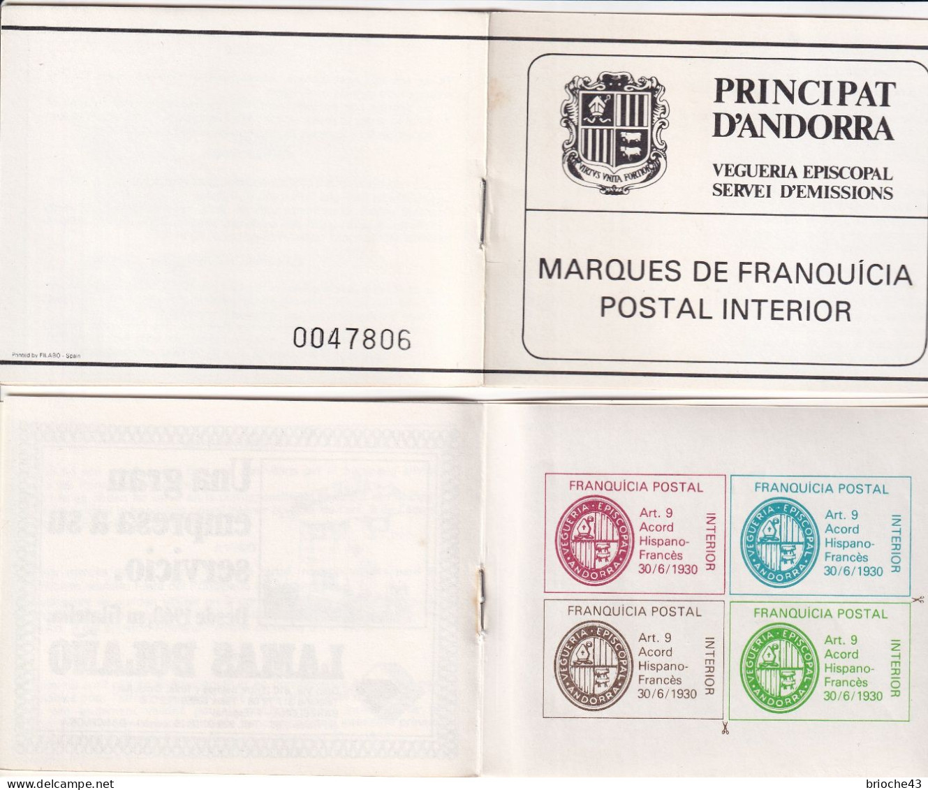 PRINCIPAT D'ANDORRA - VEGUERIA ESPISCOPA- SERVEI D'EMISSIONS - CARNET NEUFMARQUES DE FRANQUICIA - POSTAL INTERIOR  / R46 - Episcopale Vignetten