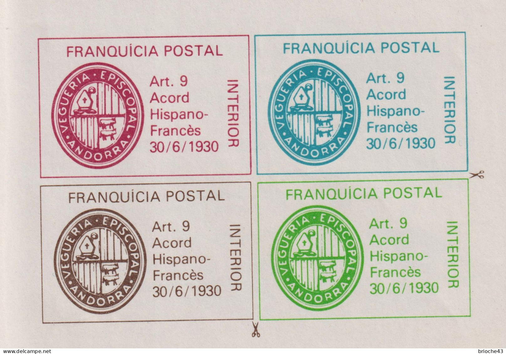 PRINCIPAT D'ANDORRA - VEGUERIA ESPISCOPA- SERVEI D'EMISSIONS - CARNET NEUFMARQUES DE FRANQUICIA - POSTAL INTERIOR  / R46 - Vicariato Episcopale