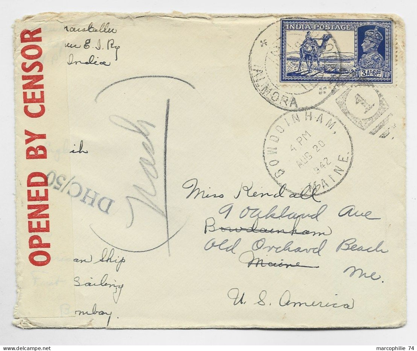 INDIA 3AS SOLO LETTRE COVER ALMORA 1942 TO USA CENSOR DHC/50 - 1936-47 King George VI