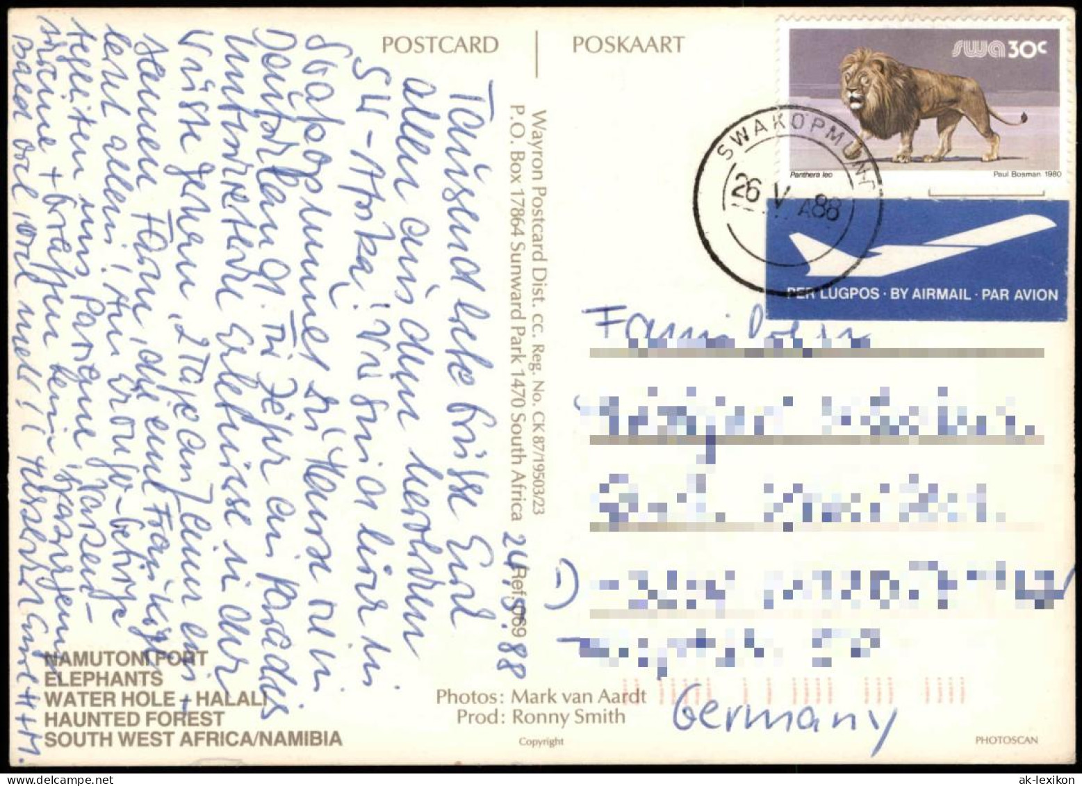 Postcard .Namibia Etosha 4 Bild 1988  Gel. Airmail - Namibie