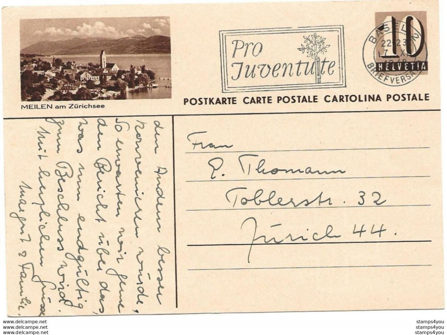 283 - 27 - Entier Postal Avec Illustration "Meilen" Superbe Oblit Mécanique Pro Juventute 1948 - Entiers Postaux