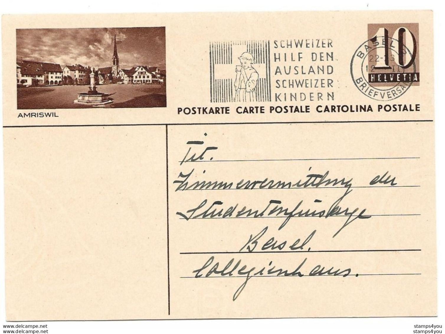 422 - 51 - Entier Postal  Avec Illustration  "Amriswil" Oblit Mécanique 1948 - Entiers Postaux