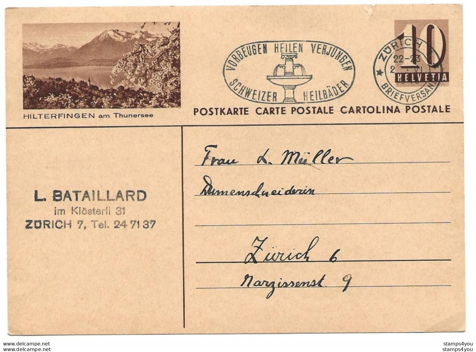 422 - 48 - Entier Postal Avec Illustration  "Hilterfingen" Oblit Mécanique 1948 - Entiers Postaux