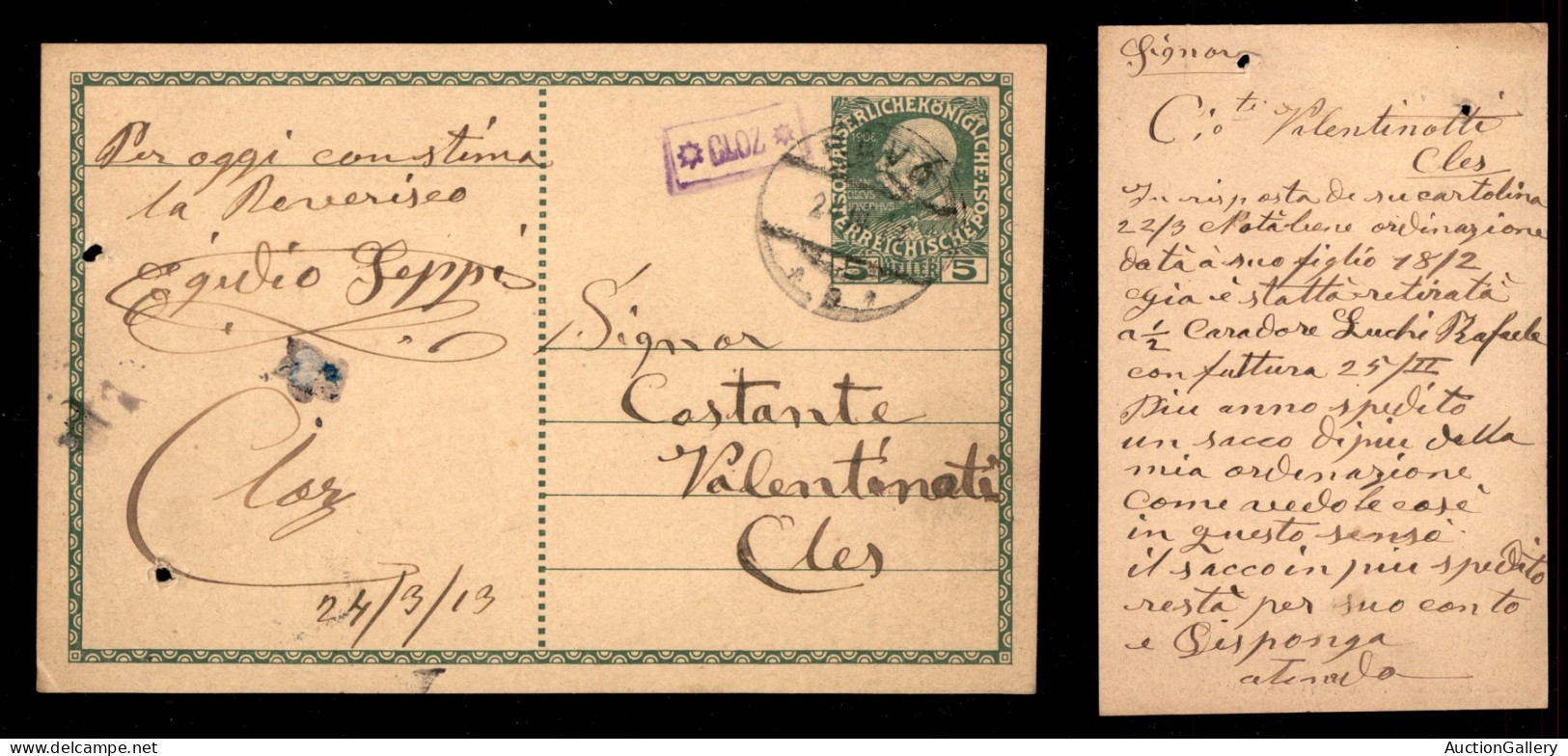 Antichi Stati Italiani - Lombardo Veneto - Territori Italiani D'Austria - Cloz (viola) - Cartolina Postale Per Cles Del  - Otros & Sin Clasificación