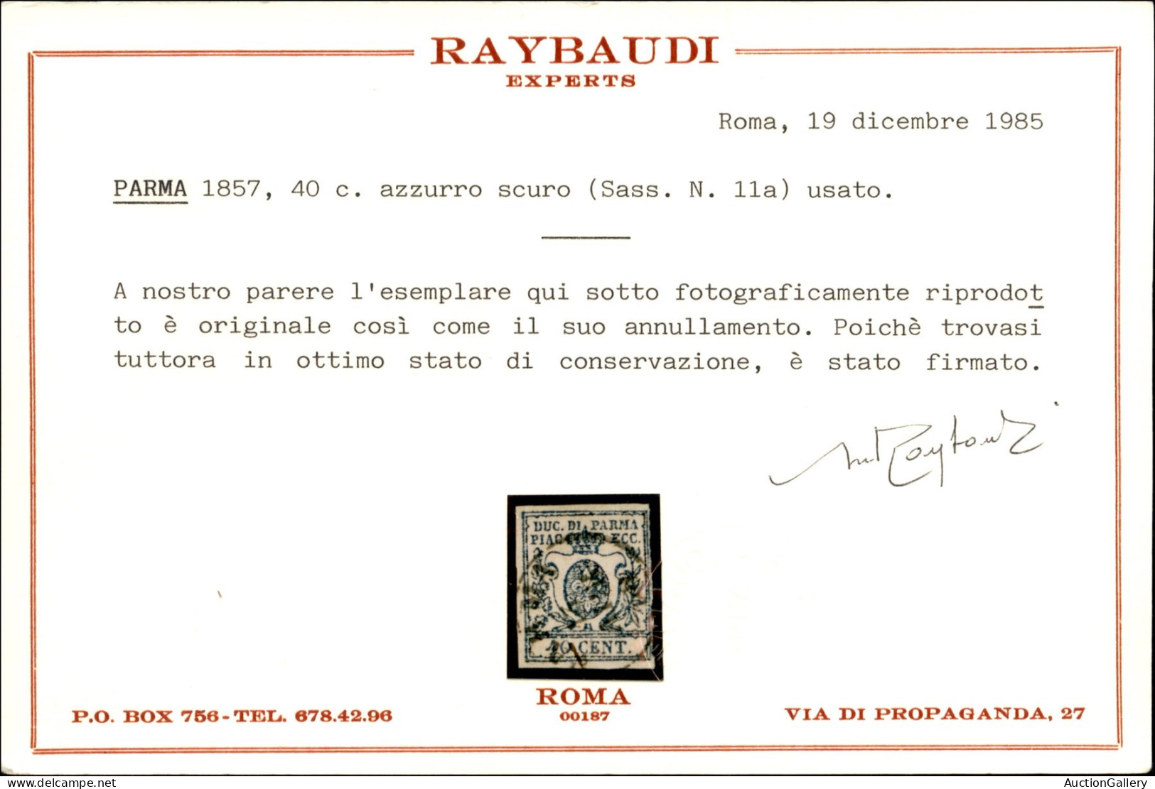 Antichi Stati Italiani - Parma - 1857 - 40 Cent (11a - Azzurro Scuro) Usato - Cert. Raybaudi (1.200) - Autres & Non Classés