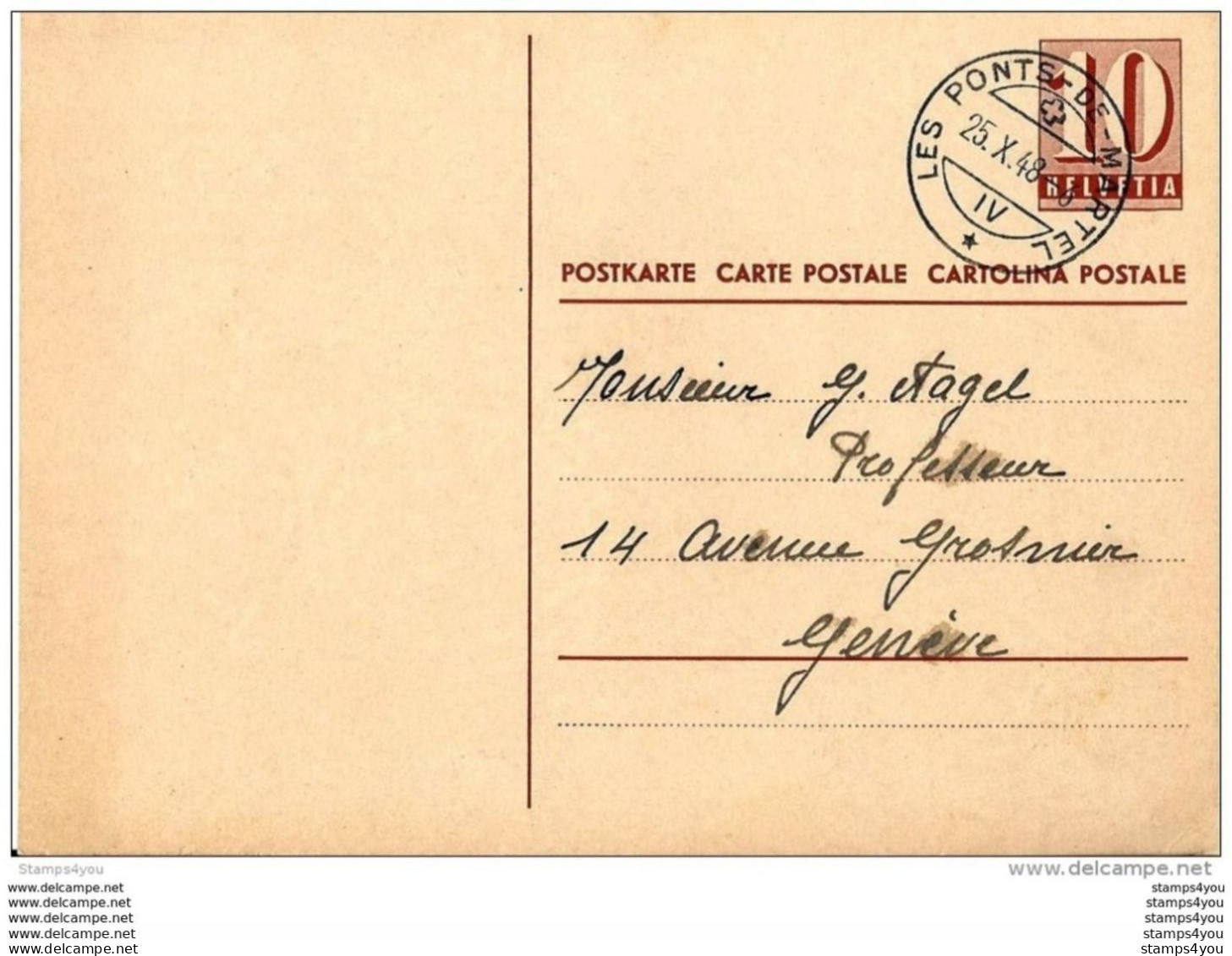 11-45 - Entier Postal 10cts Avec Superbe Cachet Les Ponts-de-Martel 1948 - Entiers Postaux