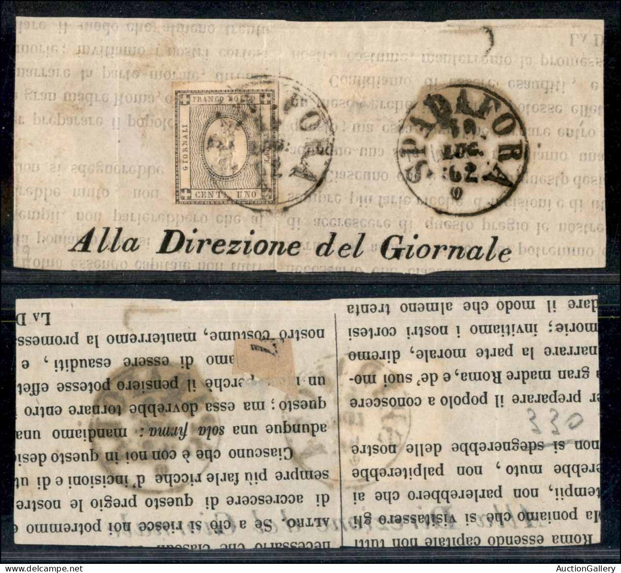 Antichi Stati Italiani - Sicilia - Spadafora 19.7.62 (P.ti 9) - 1 Cent (19 - Sardegna) Su Frammento - Corto In Basso - Otros & Sin Clasificación