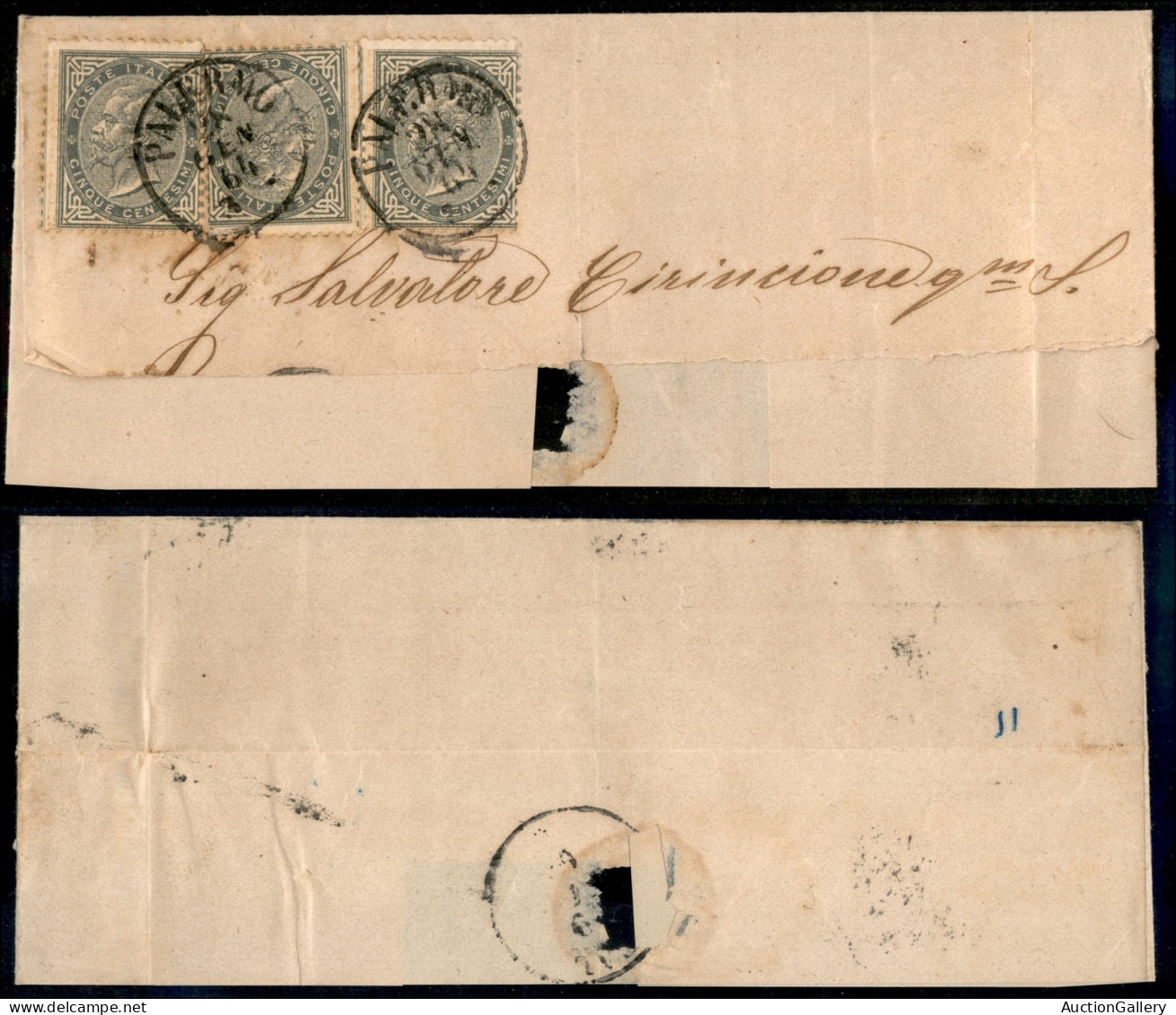 Regno - Vittorio Emanuele II - Tre 5 Cent De La Rue (L16) Su Testatina Di Lettera Da Palermo A Cefalù Del 28.1.64 - Other & Unclassified