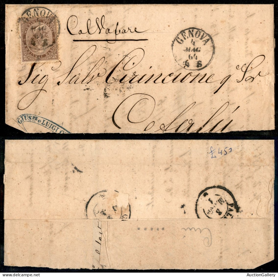 Regno - Vittorio Emanuele II - 30 Cent De La Rue (L19) Isolato Su Testatina Di Lettera Da Genova A Cefalù Del 4.5.64 - Other & Unclassified