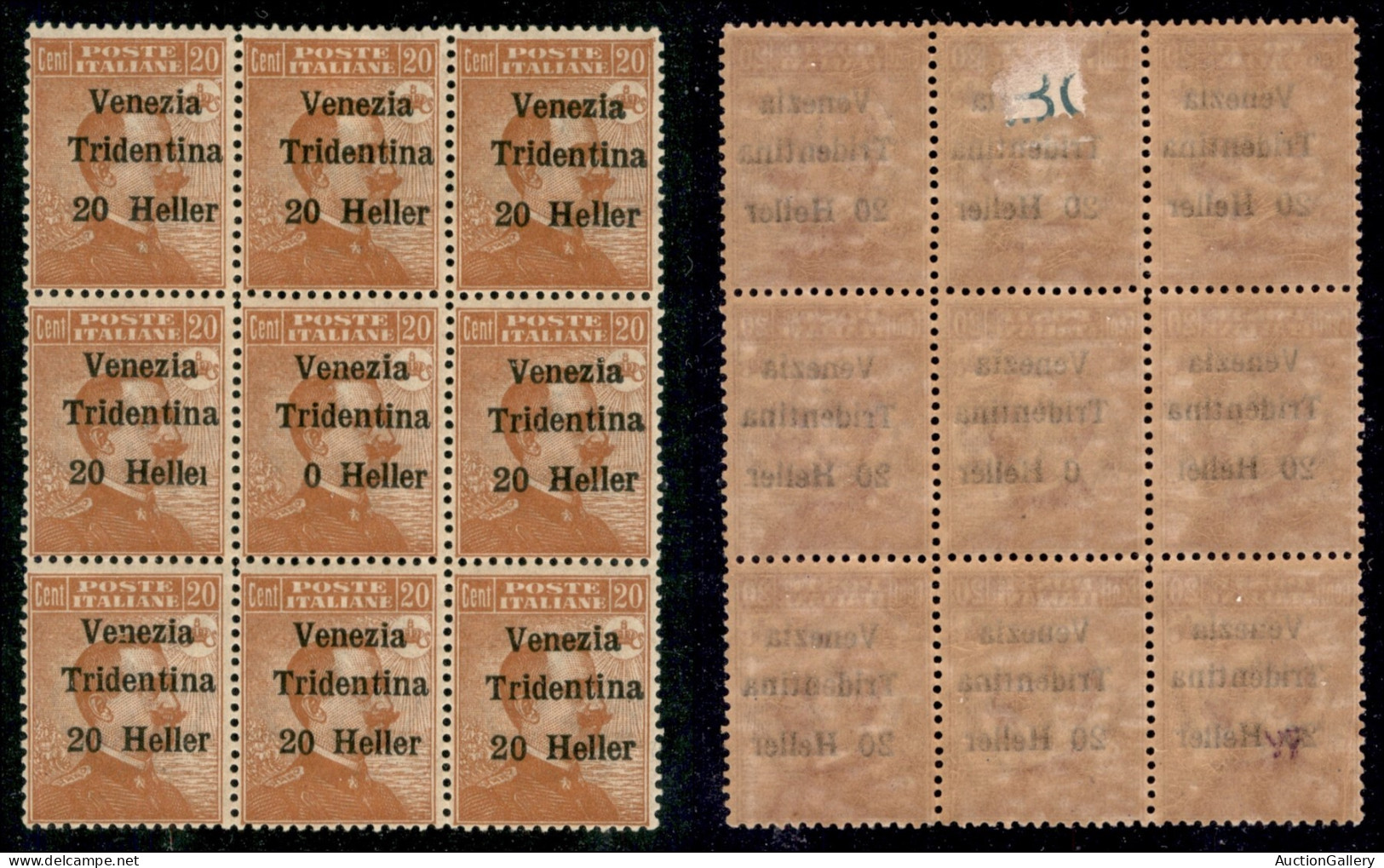 Occupazioni I Guerra Mondiale - Trentino-Alto Adige - 1918 - 20 Heller Su 20 Cent (30) - Blocco Di 9 Con Errori 30d + 30 - Sonstige & Ohne Zuordnung