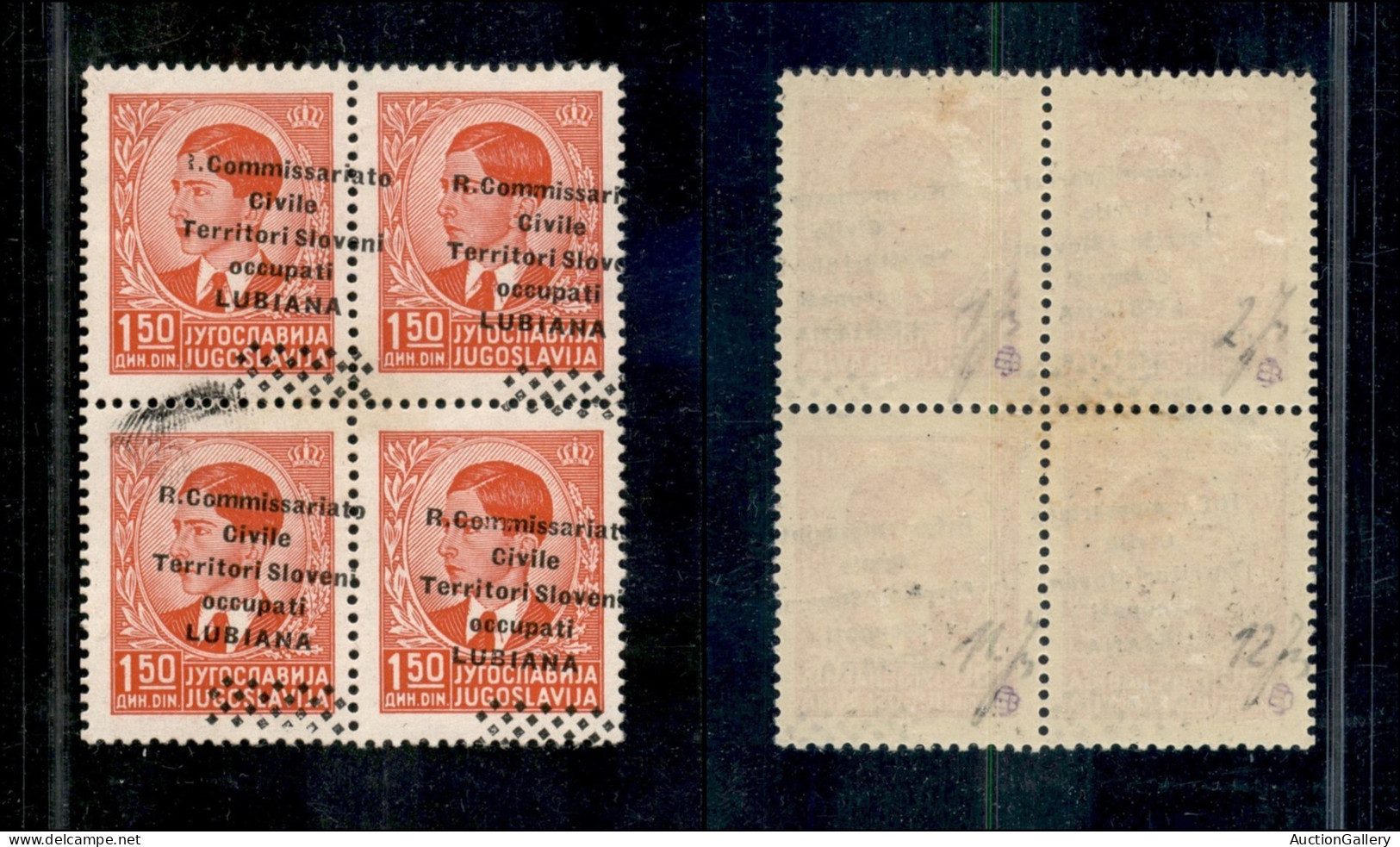 Occupazioni II Guerra Mondiale - Lubiana - 1941 - 1,50 Din (21d) - Quartina Con Soprastampa Obliqua (parziale A Sinistra - Altri & Non Classificati