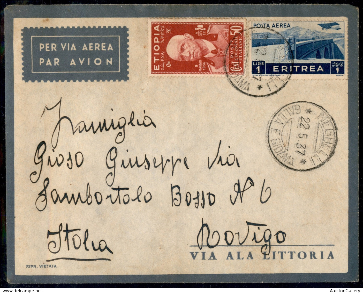 Colonie - Africa Orientale Italiana - Neghelli Galla E Sidama (P.ti 10) - Aerogramma Per Rovigo Del 22.5.37 (Eritrea 21  - Altri & Non Classificati