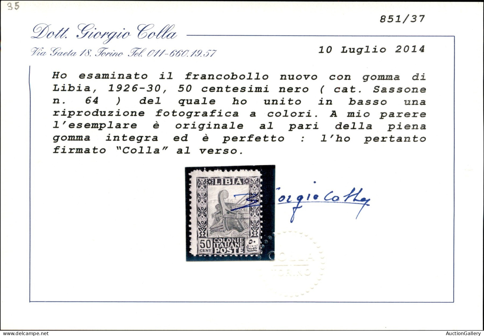 Colonie - Libia - 1927 - 50 Cent Pittorica (64) - Gomma Integra - Cert. Colla (3.750) - Otros & Sin Clasificación