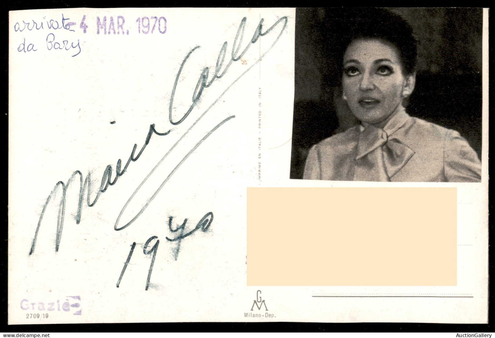 AUTOGRAFI - Callas Maria (soprano) - Autografo Su Cartolina Spedita Via Lettera Da Parigi Nel 1970 - Altri & Non Classificati