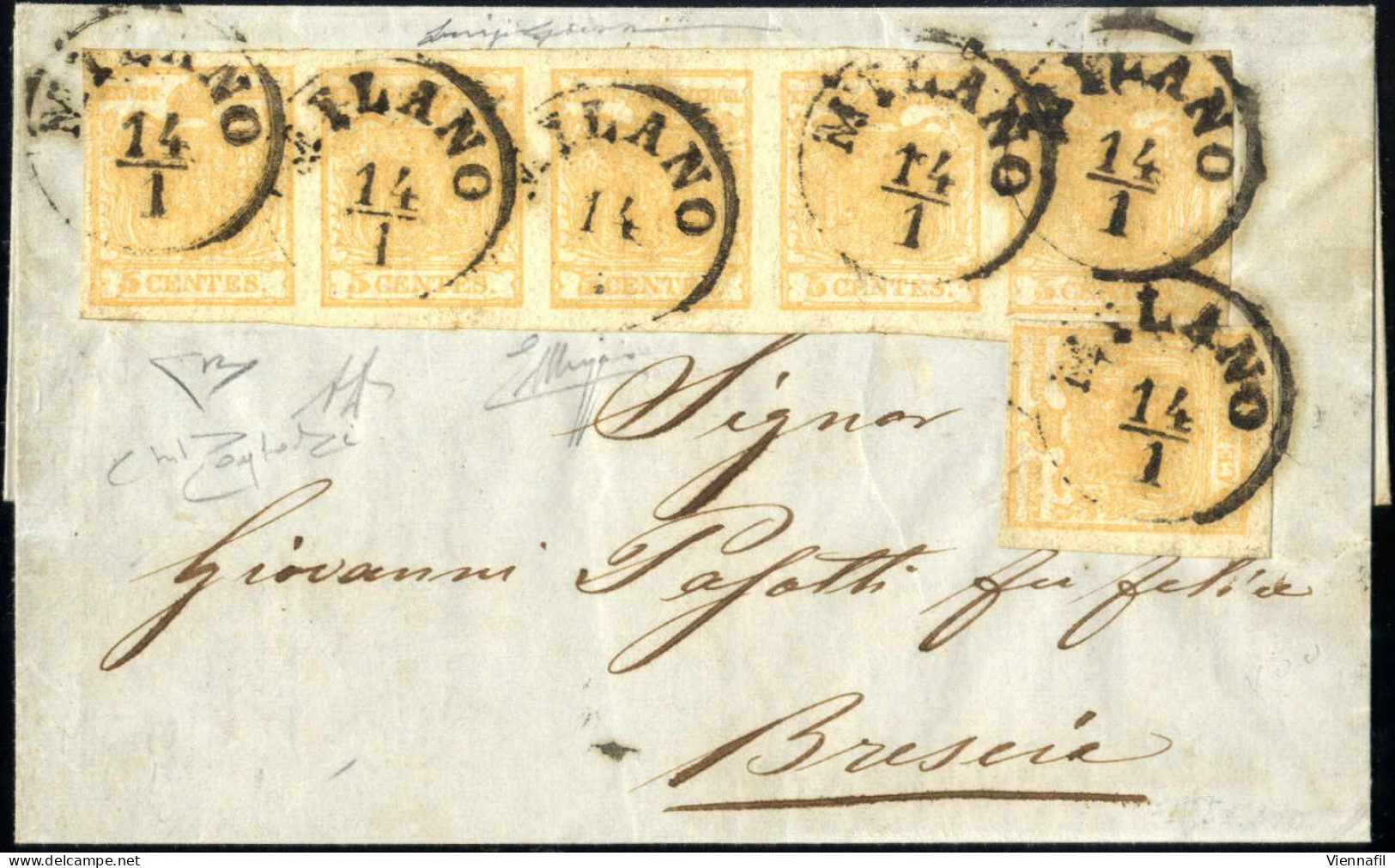 Cover 1850, Lettera Da Milano Del 14.1 Per Brescia, Affrancata Con Striscia Di Cinque Più Uno 5 C. Giallo Ocra, Firmata  - Lombardo-Venetien