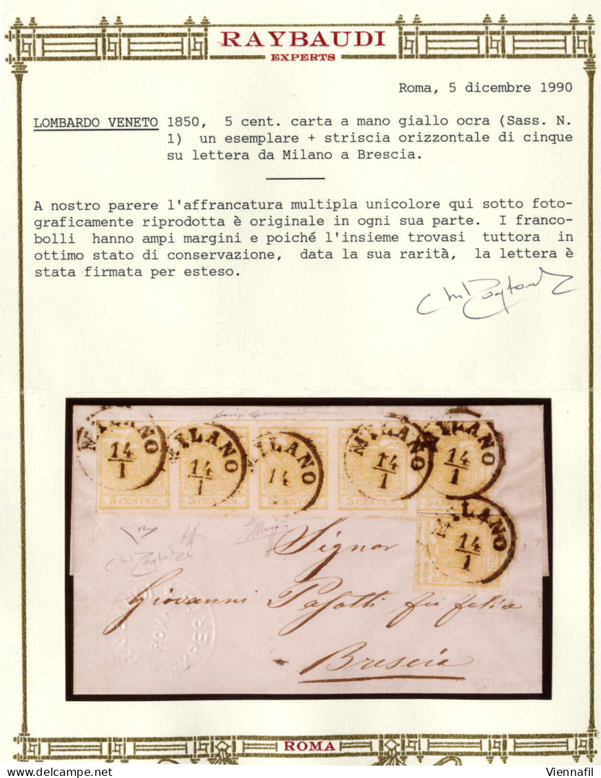 Cover 1850, Lettera Da Milano Del 14.1 Per Brescia, Affrancata Con Striscia Di Cinque Più Uno 5 C. Giallo Ocra, Firmata  - Lombardo-Vénétie