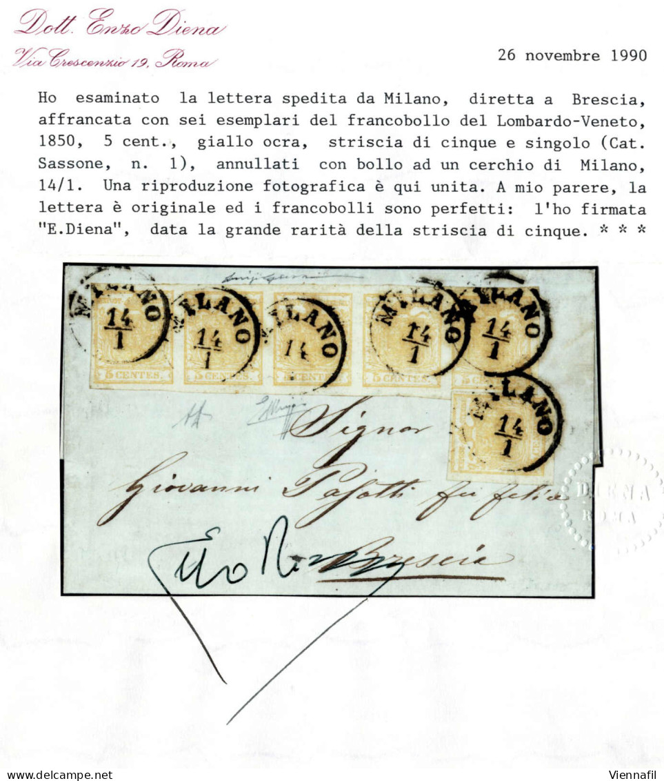 Cover 1850, Lettera Da Milano Del 14.1 Per Brescia, Affrancata Con Striscia Di Cinque Più Uno 5 C. Giallo Ocra, Firmata  - Lombardo-Vénétie