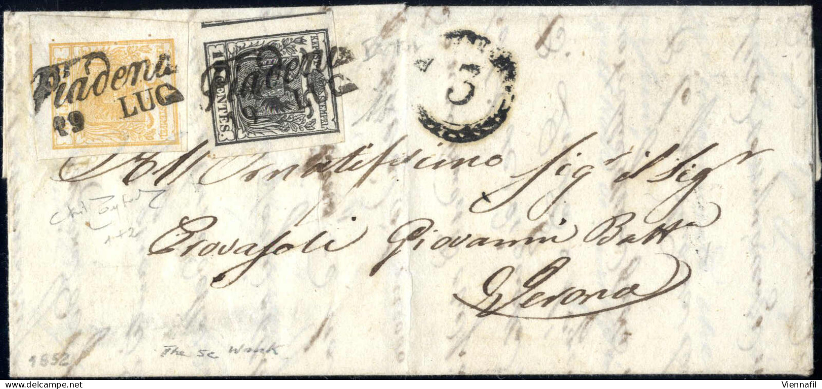 Cover 1852, Lettera Da Piadena (Cor. Punti 5) Del 19.7 Per Verona Affrancata Con 5 C. Giallo Ocra (con Filigrana) E 10 C - Lombardo-Veneto