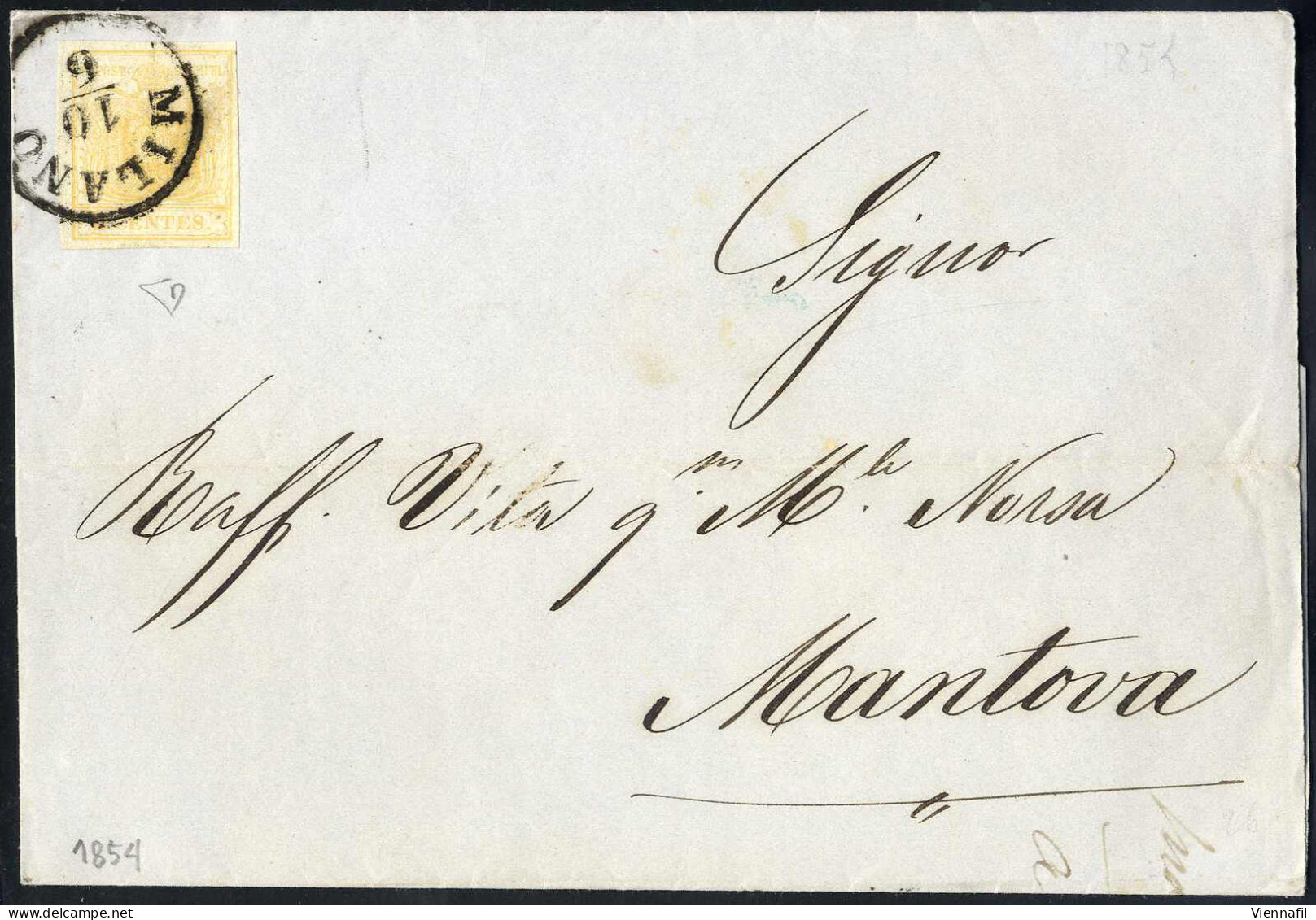 Cover 1854, Lettera Da Milano Del 10.6 Per Mantova, Affrancata Con 5 C. Giallo, Firmata ED, Sass. 1 / 750,- - Lombardije-Venetië