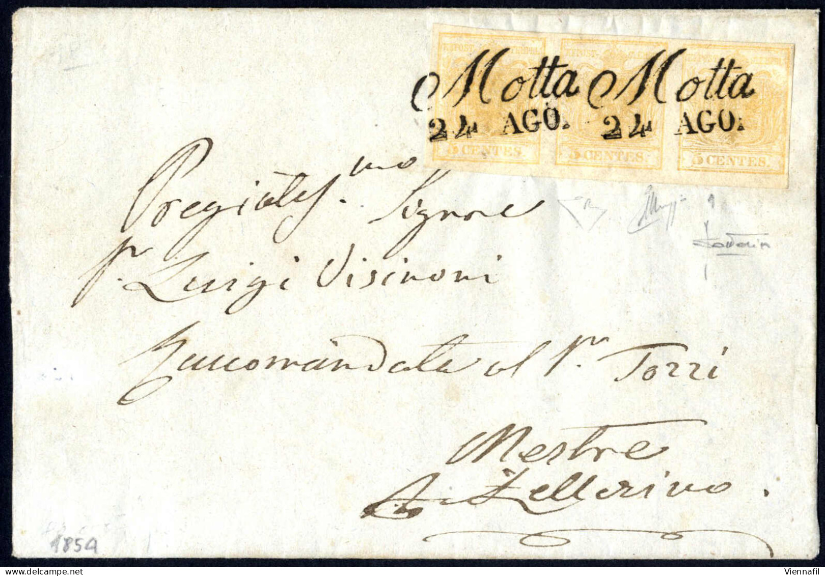 Cover 1854, Lettera Da Motta (Cor. Punti 3) Del 24.8 Per Mestre Affrancata Con Striscia Di Tre Del 5 C. Giallo Ocra, Fir - Lombardy-Venetia