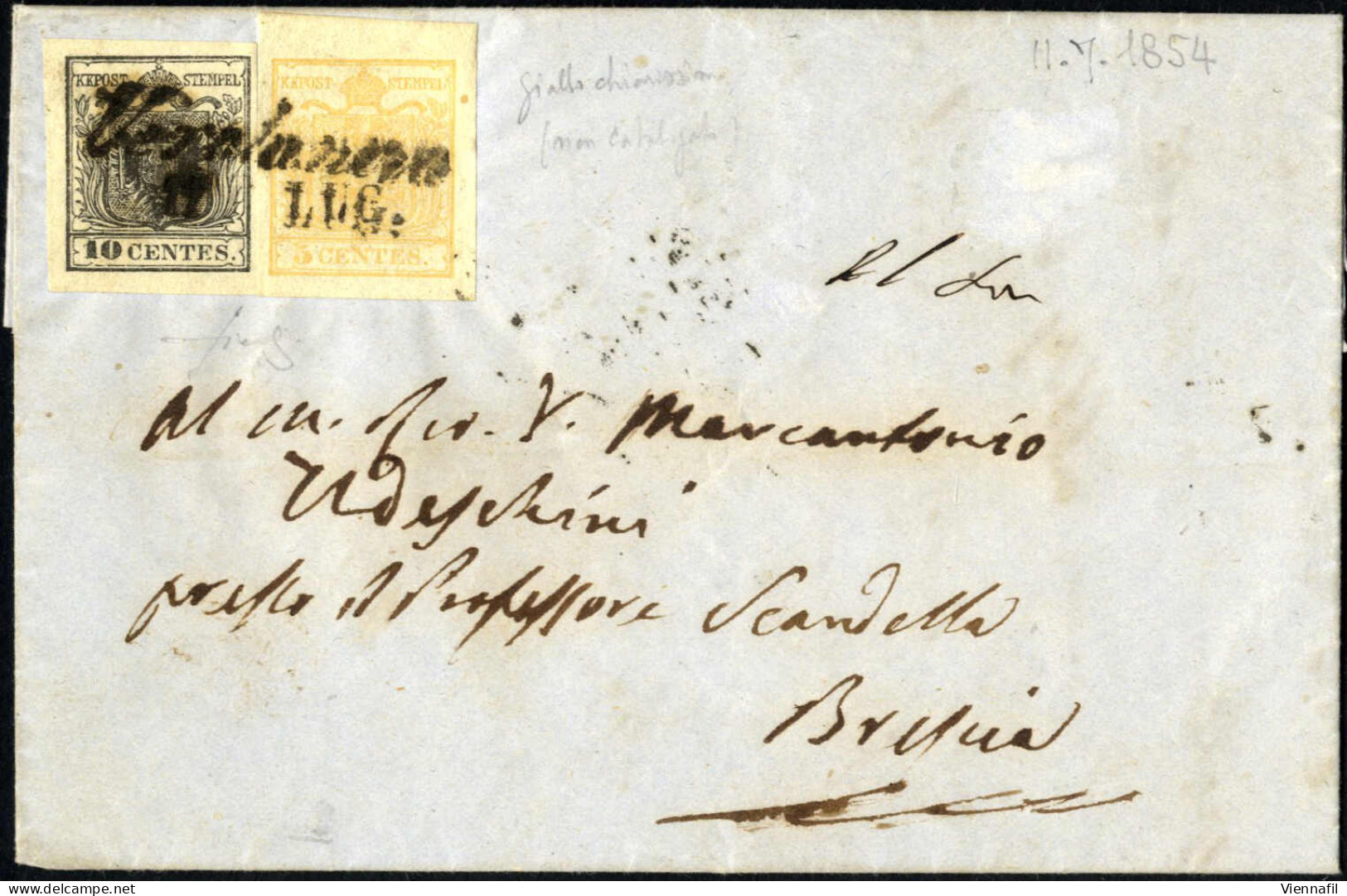 Cover 1854, Lettera Da Verolanova (Cor. Punti 4) Del 10.7 Per Brescia Affrancata Con 5 C. Giallo Chiarissimo E 10 C. Ner - Lombardy-Venetia