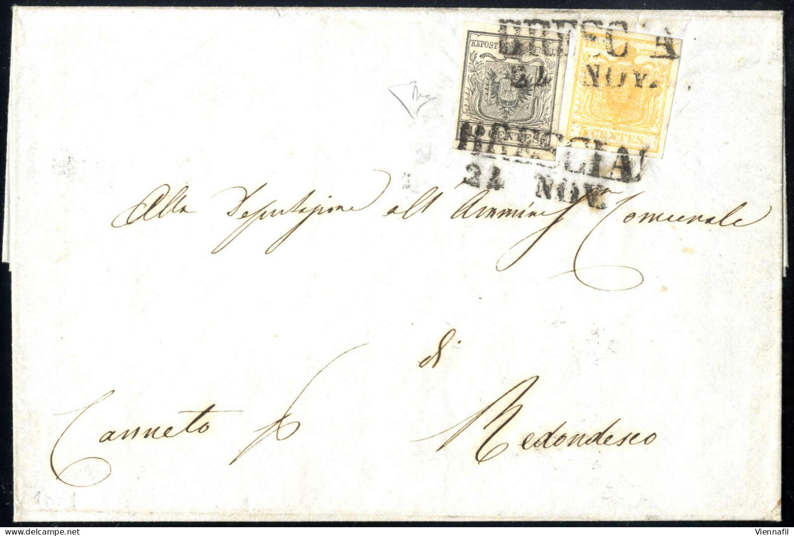 Cover 1851, Lettera Da Brescia Del 24.11 Per Redondesco Affrancata Con 5 C. Giallo Arancio E 10 C. Grigio Nero Carta A M - Lombardy-Venetia