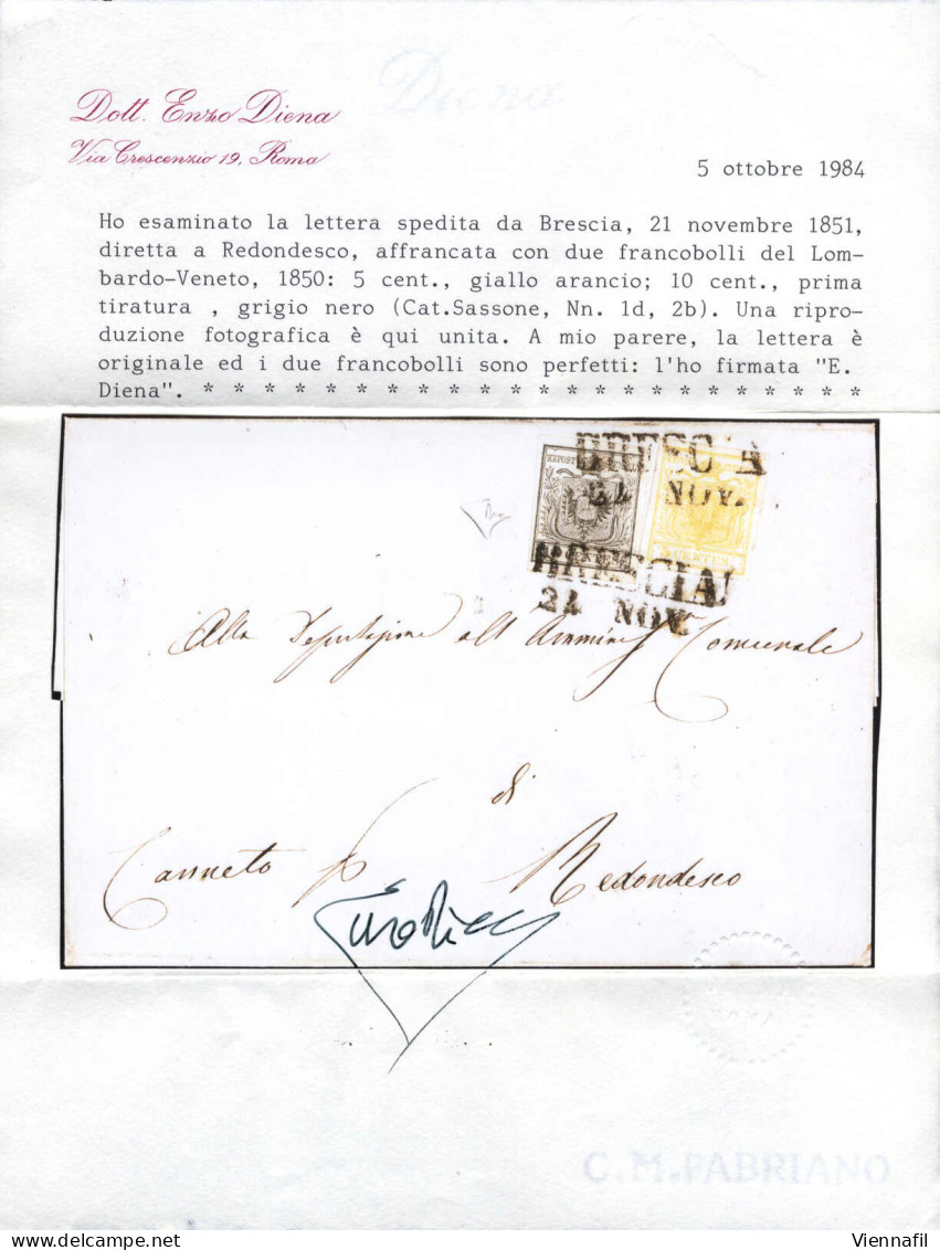 Cover 1851, Lettera Da Brescia Del 24.11 Per Redondesco Affrancata Con 5 C. Giallo Arancio E 10 C. Grigio Nero Carta A M - Lombardo-Veneto