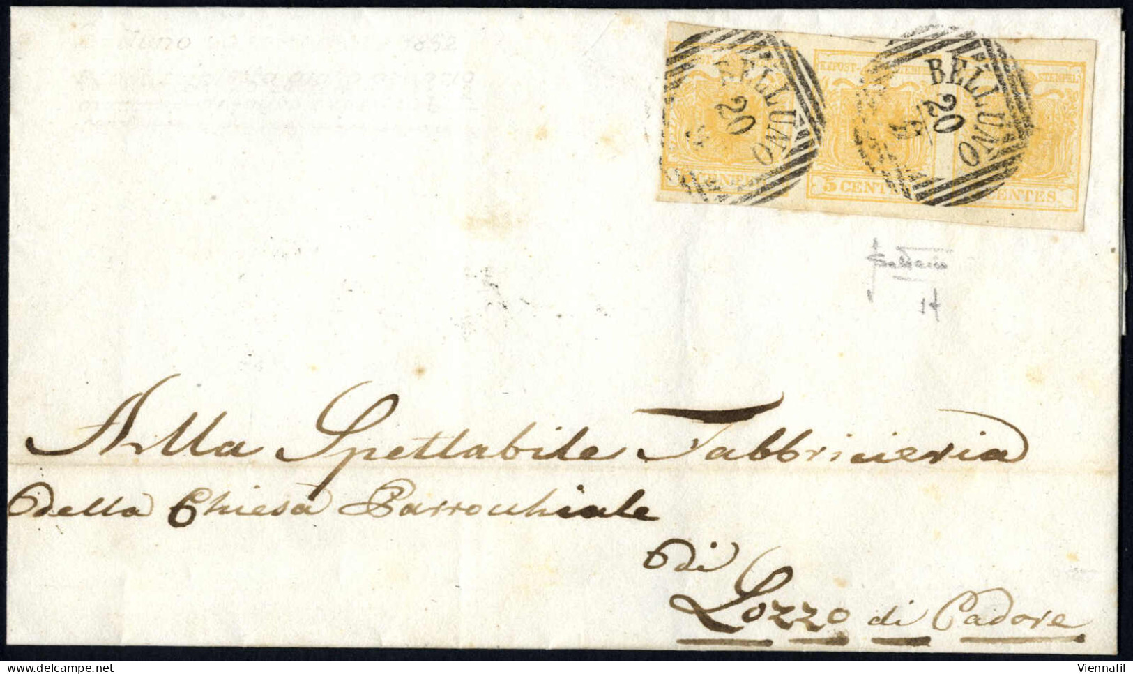 Cover 1852, Lettera Da Belluno (LOV Punti 4) Del 20.9 Per Lozzo Di Cadore Affrancata Con Striscia Di Tre Del 5 C. Giallo - Lombardo-Vénétie