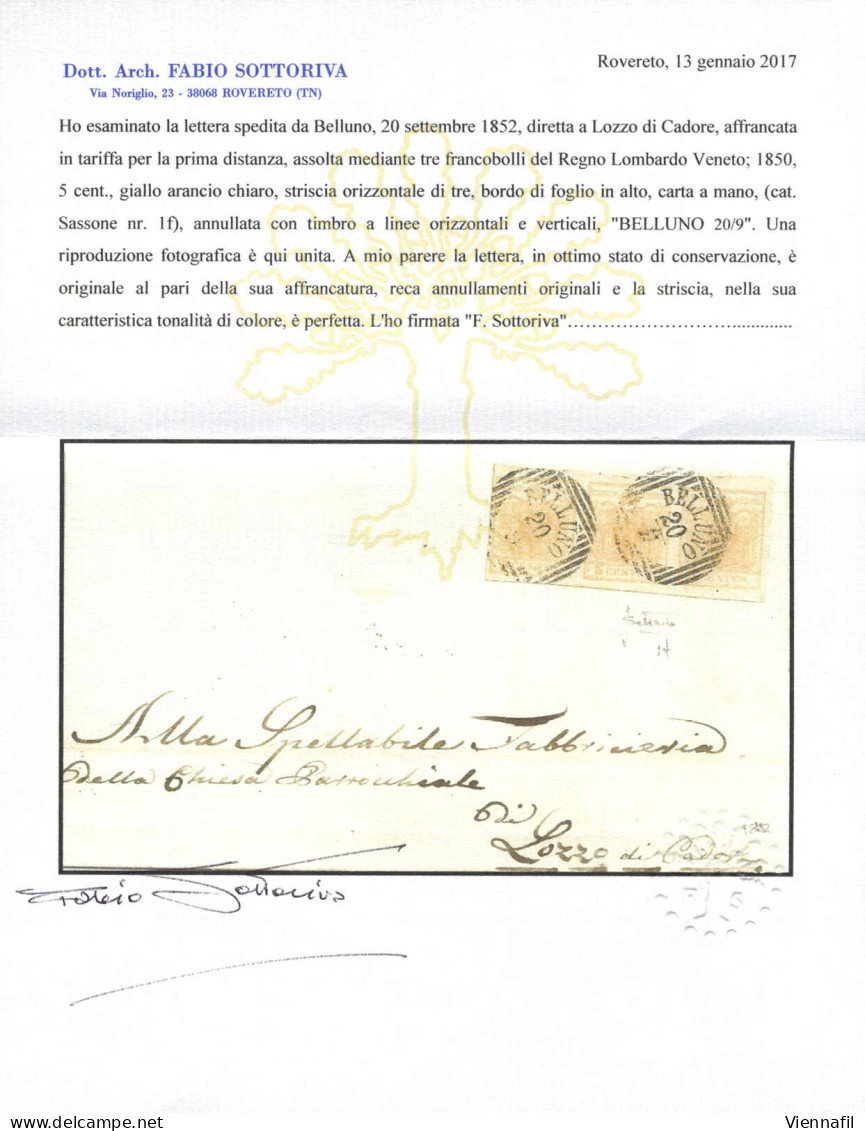 Cover 1852, Lettera Da Belluno (LOV Punti 4) Del 20.9 Per Lozzo Di Cadore Affrancata Con Striscia Di Tre Del 5 C. Giallo - Lombardo-Vénétie