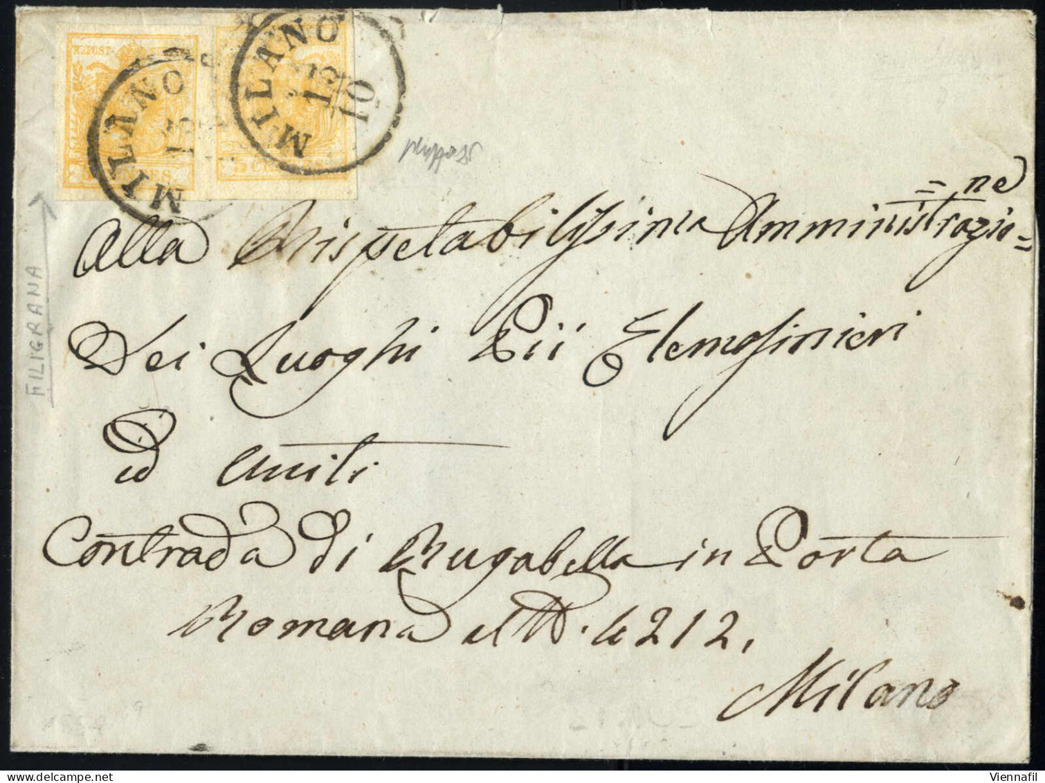 Cover 1854, Lettera Da Milano Il 13.10 Per Città Affrancata Con Due 5 C. Giallo Arancio Chiaro, Uno Con Frammenti Di Fil - Lombardo-Vénétie