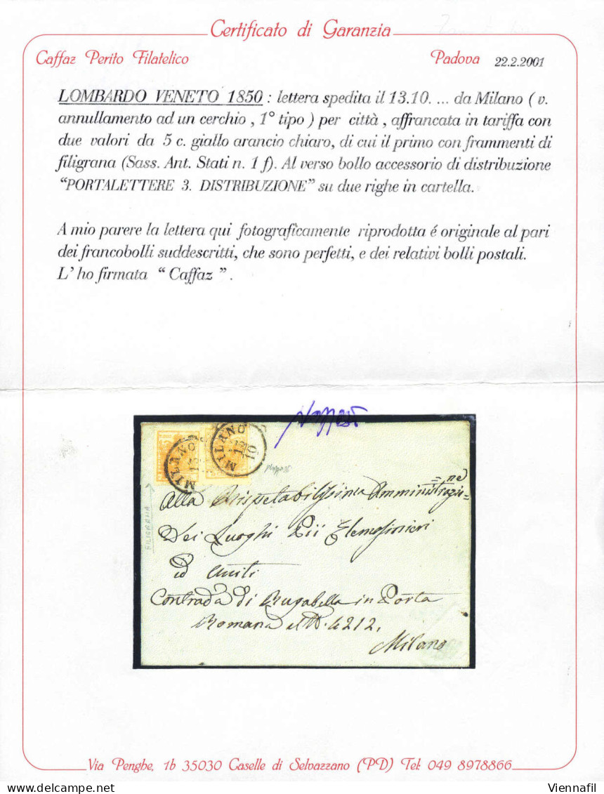 Cover 1854, Lettera Da Milano Il 13.10 Per Città Affrancata Con Due 5 C. Giallo Arancio Chiaro, Uno Con Frammenti Di Fil - Lombardije-Venetië