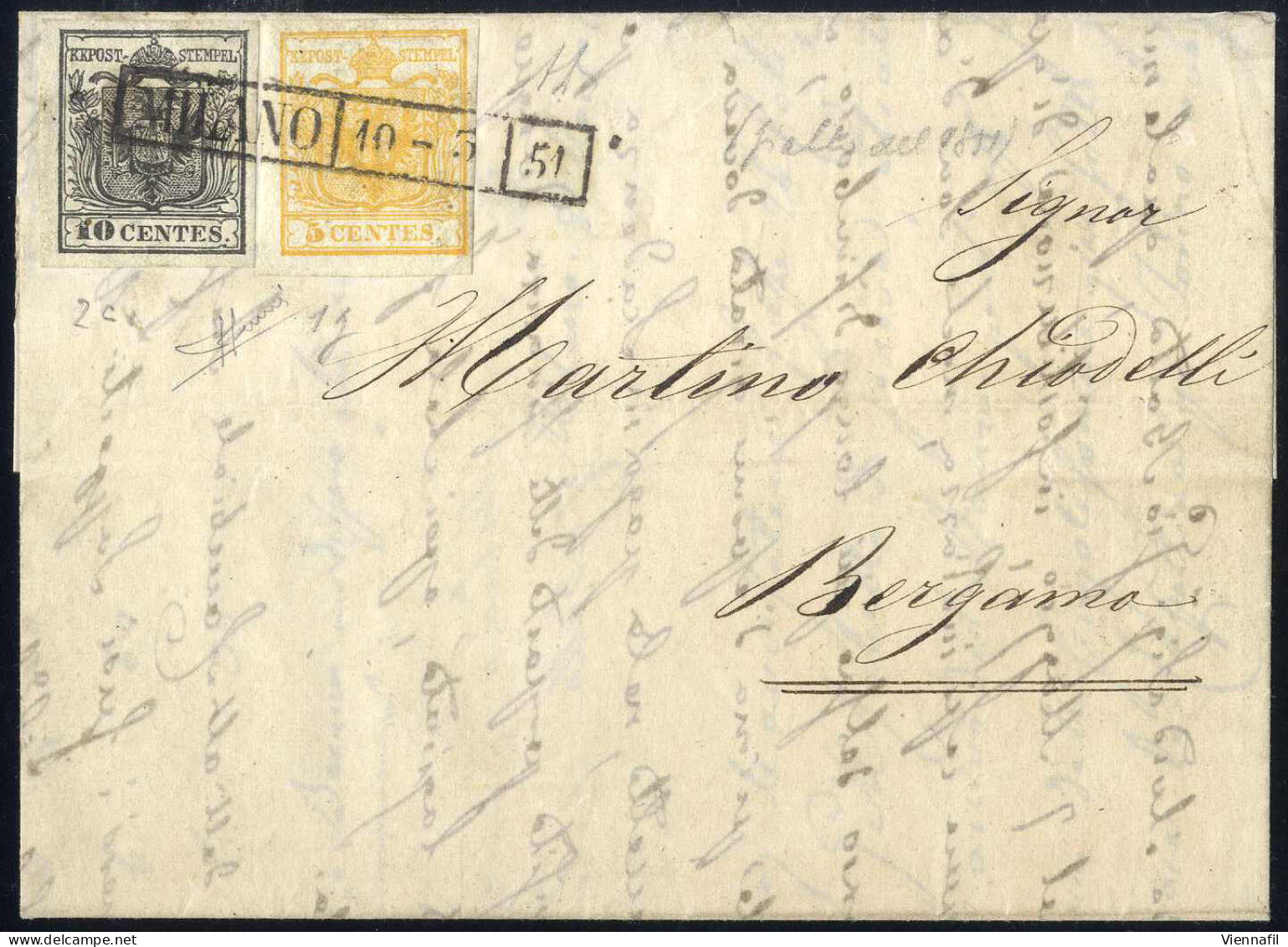 Cover 1851, Lettera Da Milano Del 10.5 Per Bergamo, Affrancata Con 5 C. Giallo Arancio E 10 C. Grigio Nero I Tipo Carta  - Lombardo-Veneto