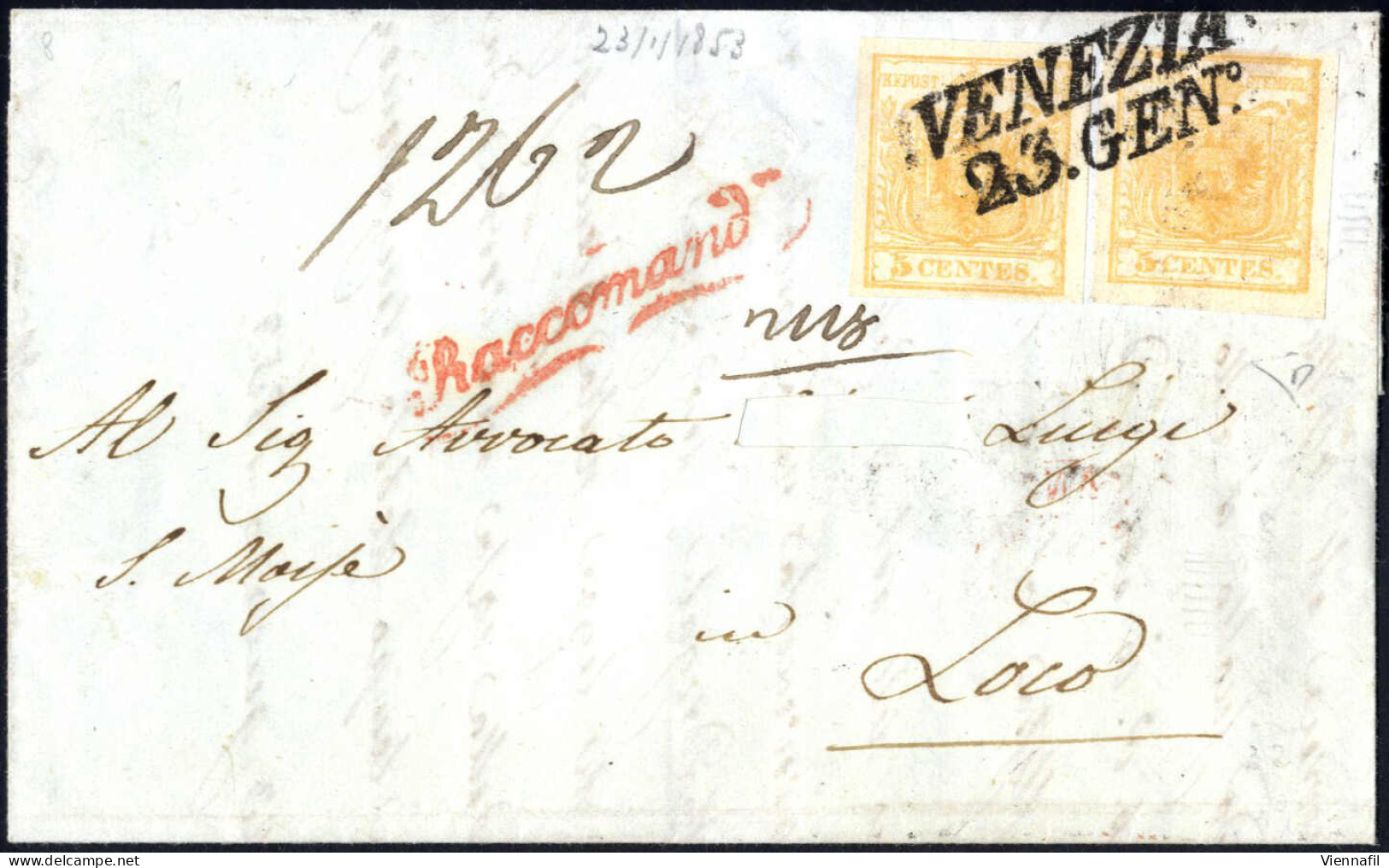 Cover 1853, Lettera Raccomandata Da Venezia Del 23.1 Per Città Affrancata Con Due 5 C. Giallo Arancio I Tipo Carta A Man - Lombardije-Venetië