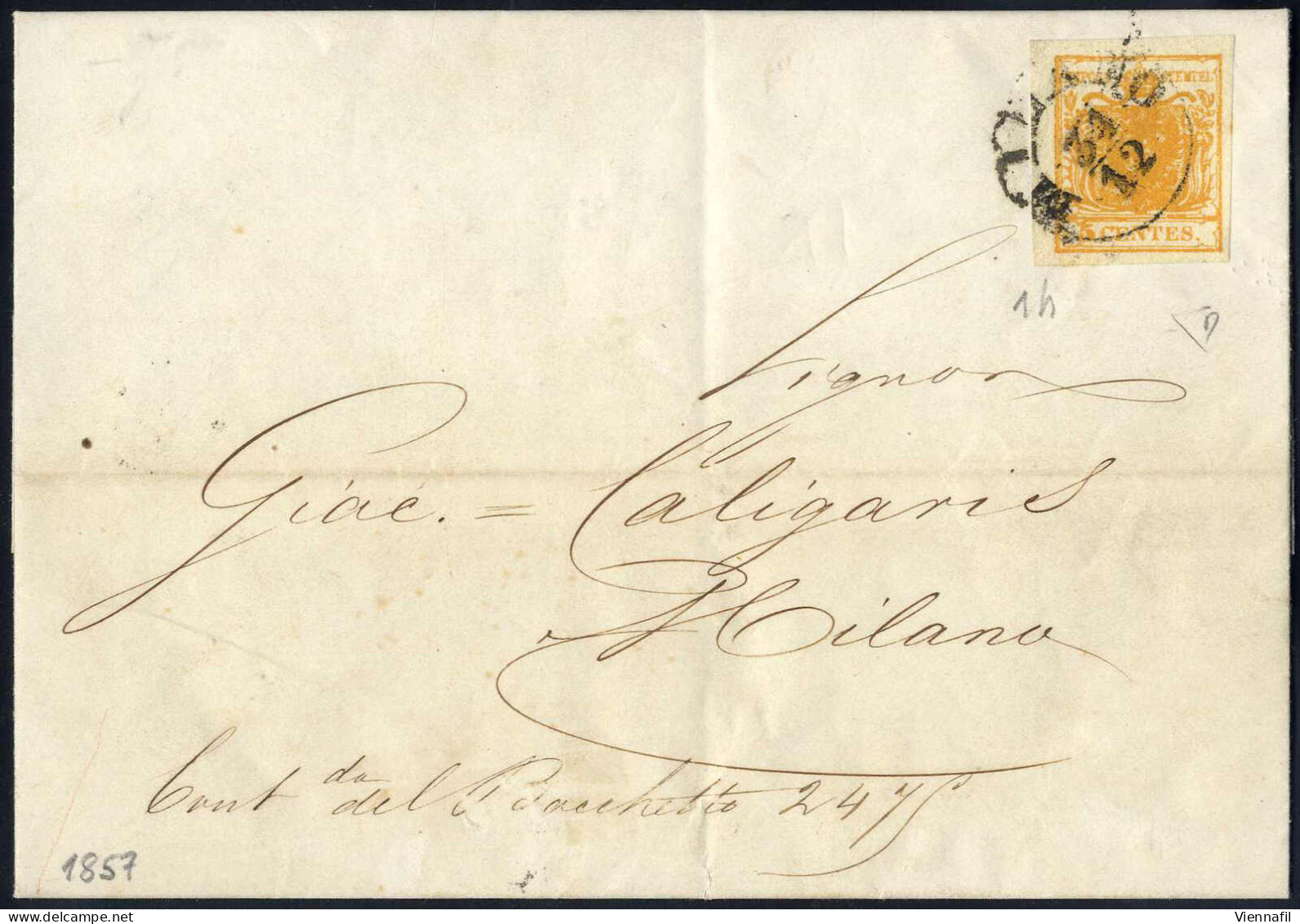 Cover 1857, Lettera Da Milano Del 31.12 Per Milano, Affrancata Con 5 C. Arancio, Cert. Enzo Diena, Sass. 1h / 900,- - Lombardo-Vénétie