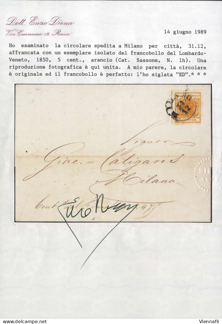 Cover 1857, Lettera Da Milano Del 31.12 Per Milano, Affrancata Con 5 C. Arancio, Cert. Enzo Diena, Sass. 1h / 900,- - Lombardo-Venetien
