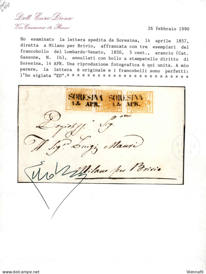 Cover 1857, Lettera Da Soresina (SD Punti 4) Del 14.4 Per Milano Affrancata Con Tre 5 C. Arancio, Cert. Enzo Diena, Sass - Lombardo-Vénétie